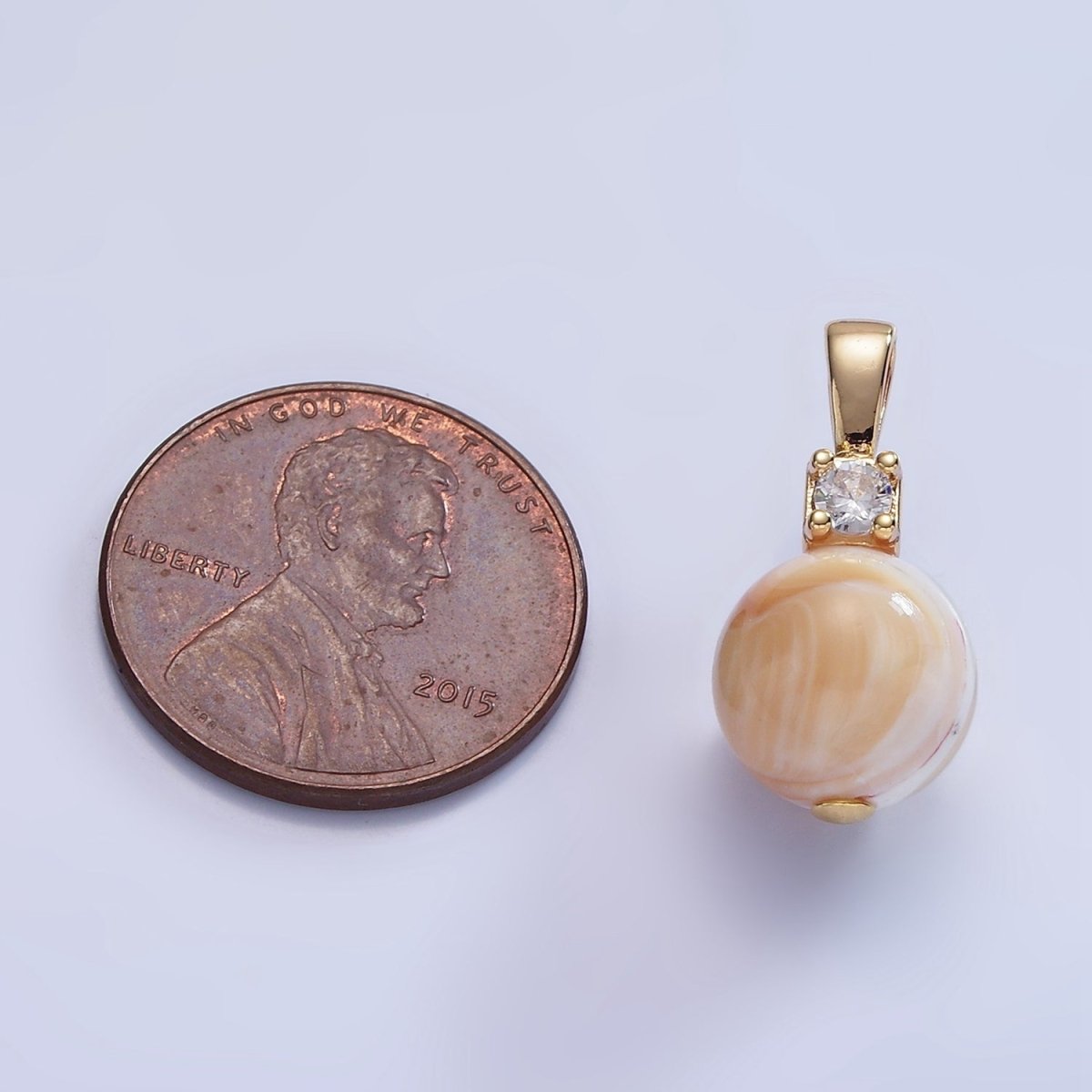 16K Gold Filled Peach Shell Pearl Round CZ Drop Pendant | P1572