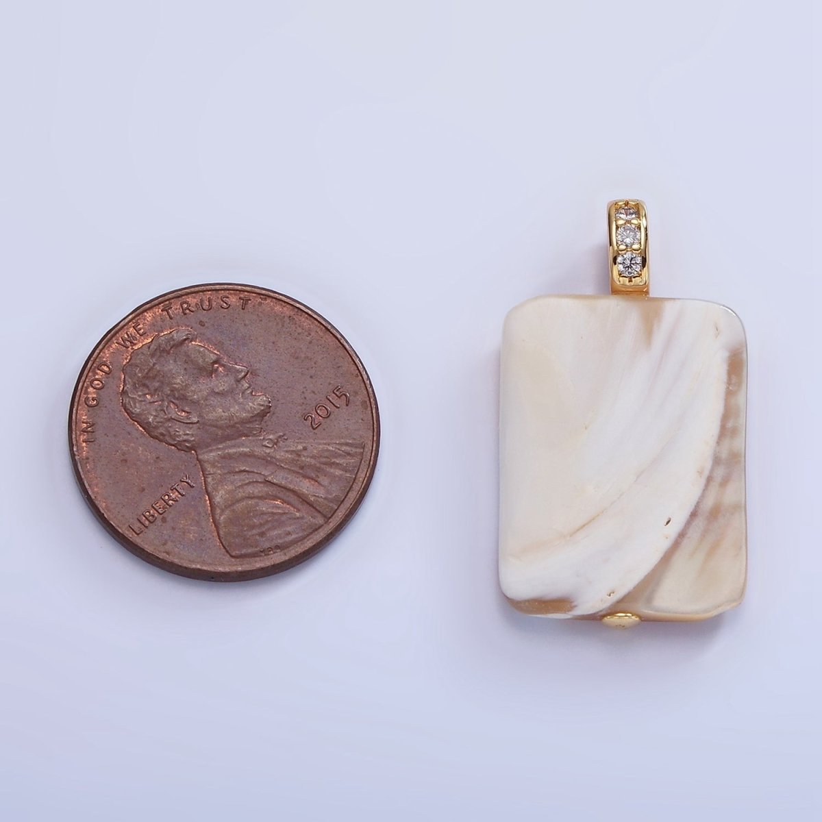 16K Gold Filled Peach White Shell Pearl Rectangle Micro Paved CZ Pendant | P1746