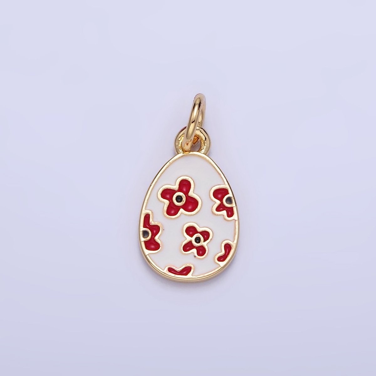 16K Gold Filled Red Flower White Enamel Easter Egg Charm | C030