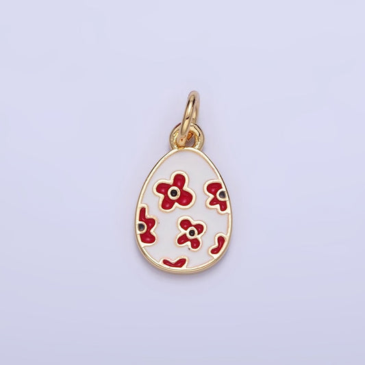 16K Gold Filled Red Flower White Enamel Easter Egg Charm | C030