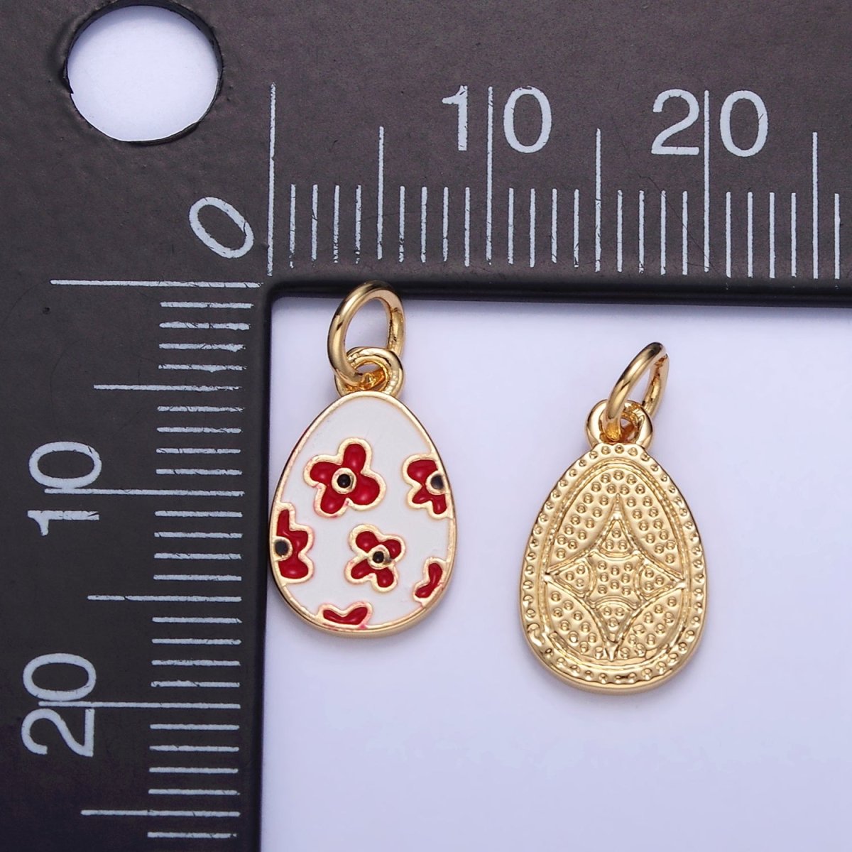 16K Gold Filled Red Flower White Enamel Easter Egg Charm | C030