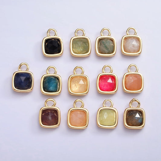 16K Gold Filled Square Multifaceted Natural Gemstone Personalized Add-On Charm | AC1466 - AC1478