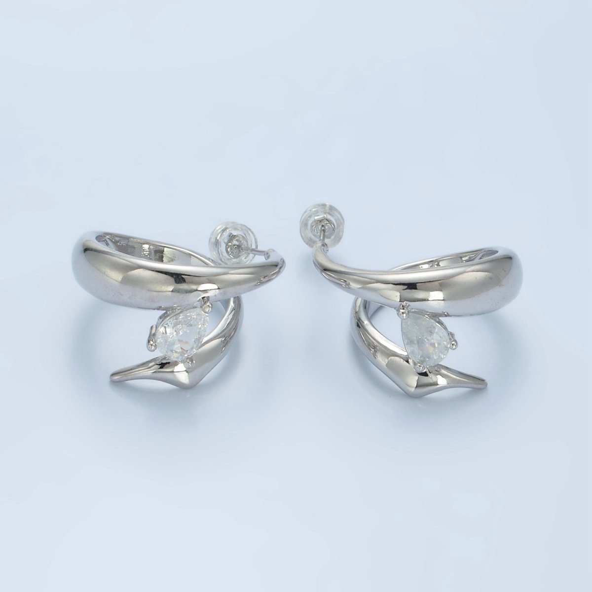 16K Gold Filled Teardrop CZ Edged Double Band C-Shaped Hoop Earrings in Gold & Silver | AD602 AD603