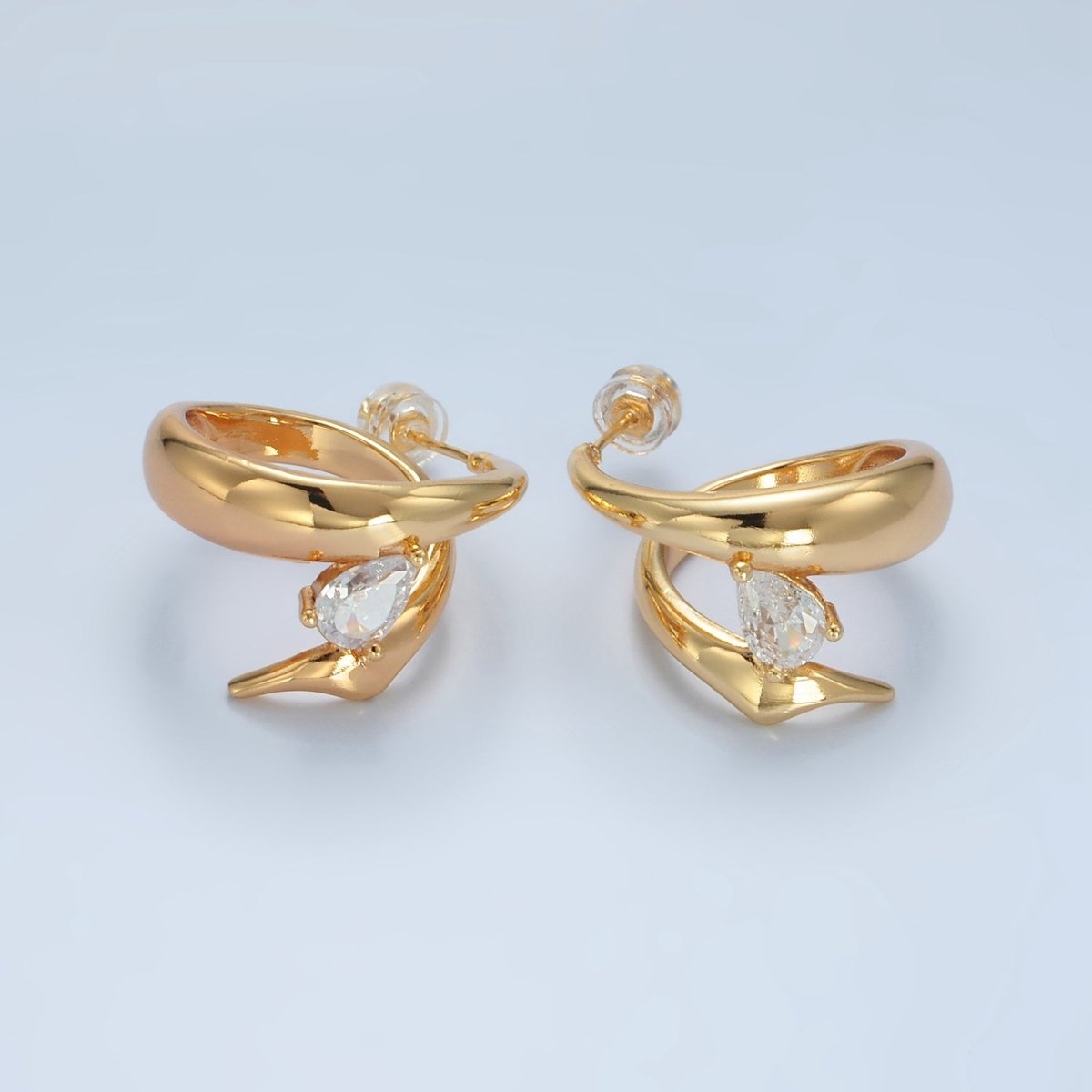 16K Gold Filled Teardrop CZ Edged Double Band C-Shaped Hoop Earrings in Gold & Silver | AD602 AD603