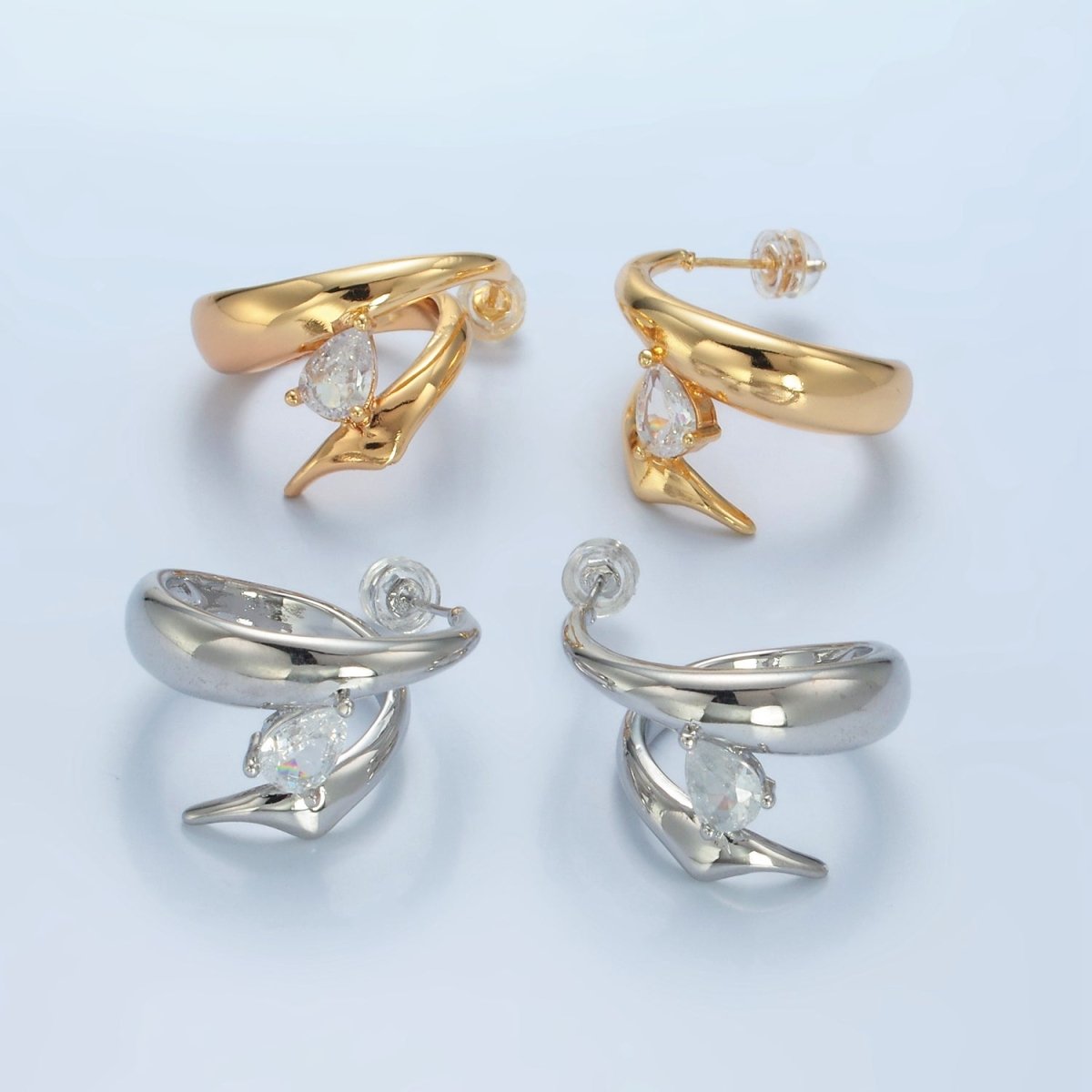 16K Gold Filled Teardrop CZ Edged Double Band C-Shaped Hoop Earrings in Gold & Silver | AD602 AD603