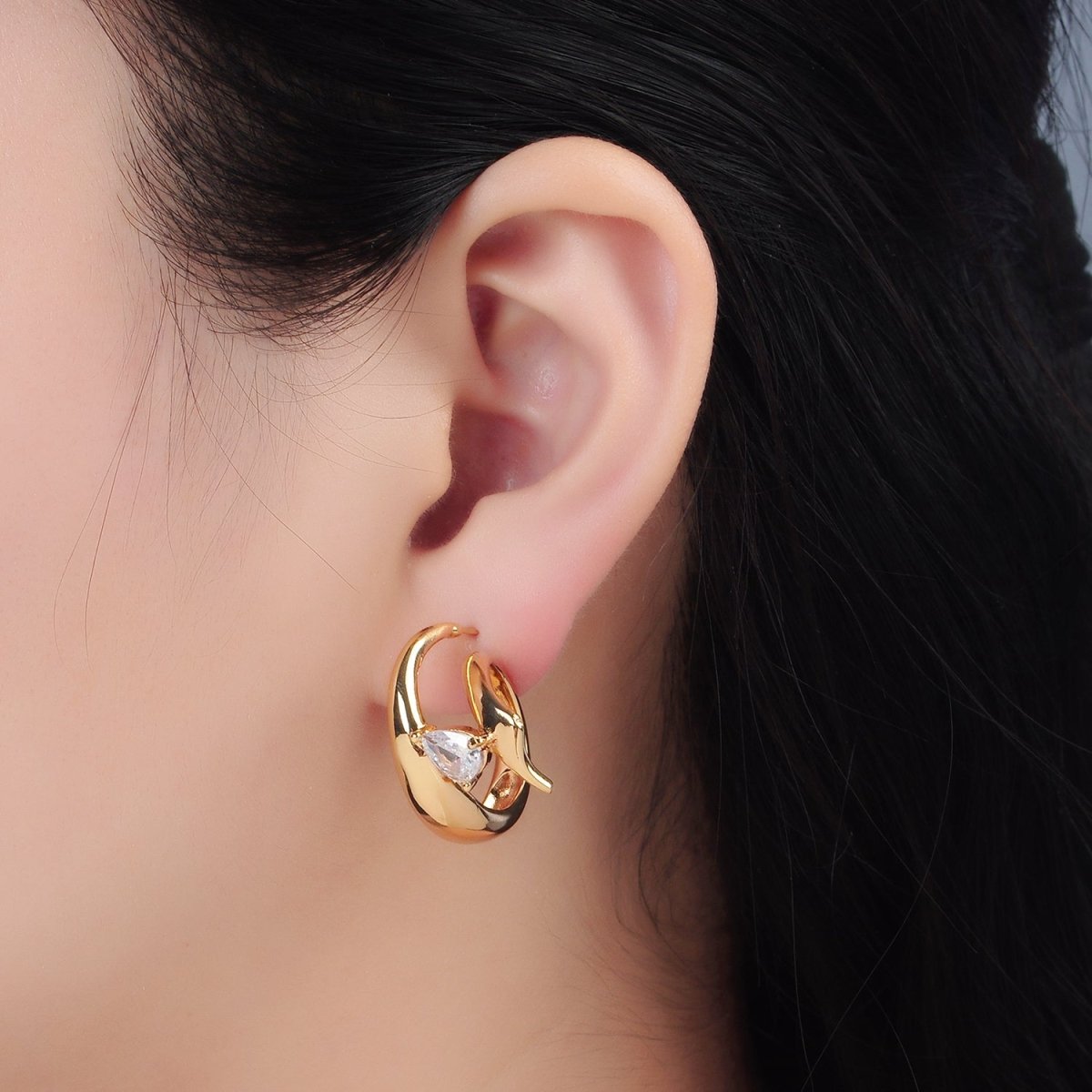 16K Gold Filled Teardrop CZ Edged Double Band C-Shaped Hoop Earrings in Gold & Silver | AD602 AD603