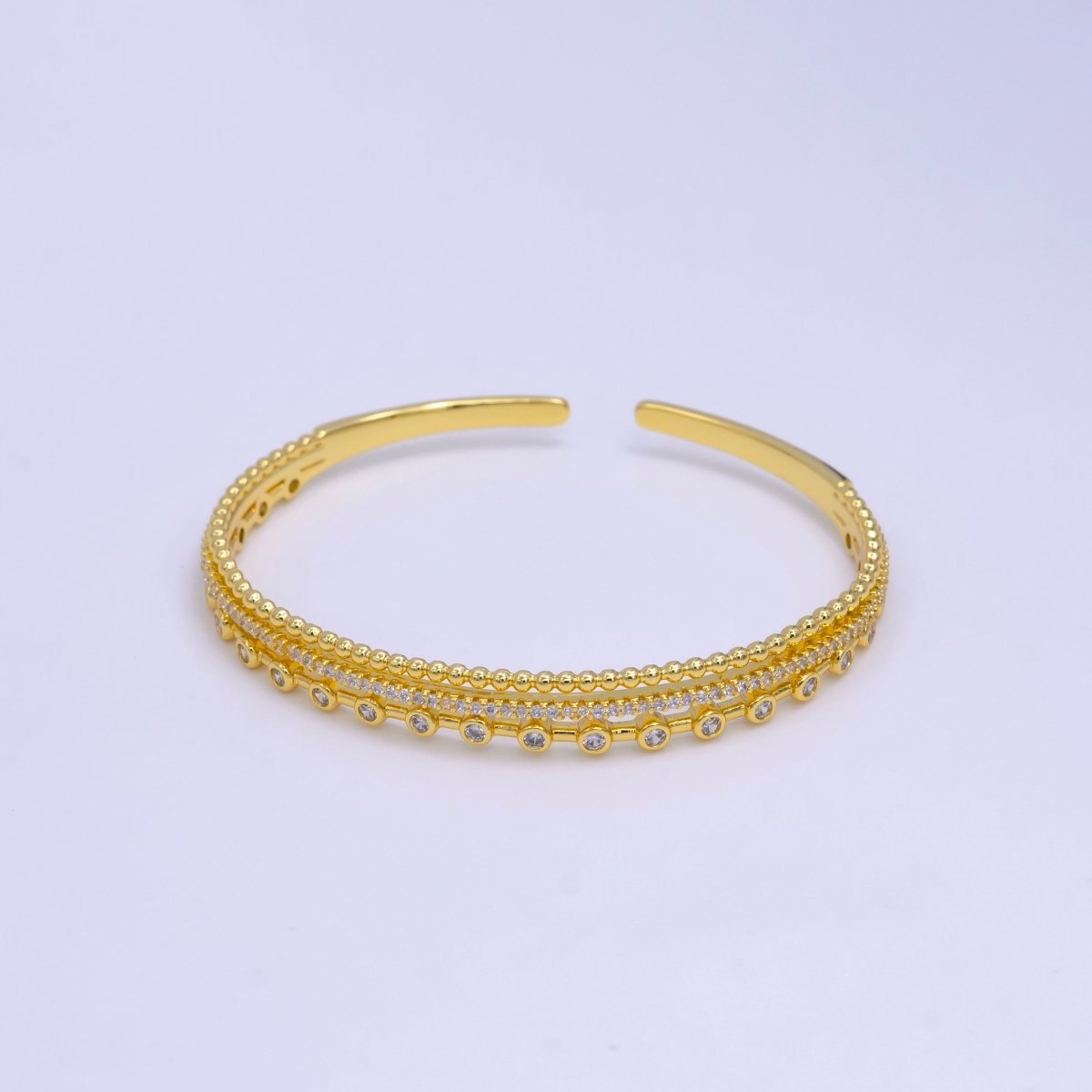 16K Gold Filled Triple Band Bubble CZ Micro Paved Cuff Bracelet | WA-2509