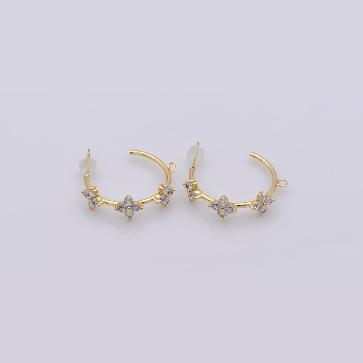 16K Gold Filled Triple Flower CZ C-Shaped Open Loop Hoop Drop Earrings Findings | Z826