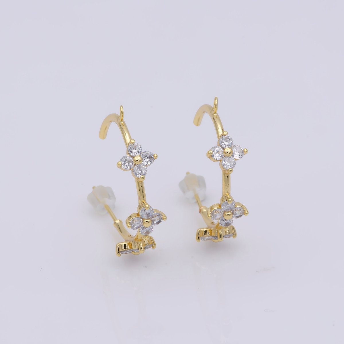 16K Gold Filled Triple Flower CZ C-Shaped Open Loop Hoop Drop Earrings Findings | Z826