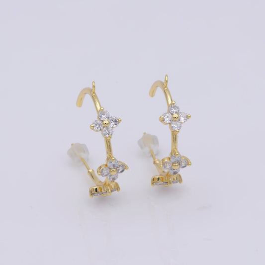 16K Gold Filled Triple Flower CZ C-Shaped Open Loop Hoop Drop Earrings Findings | Z826