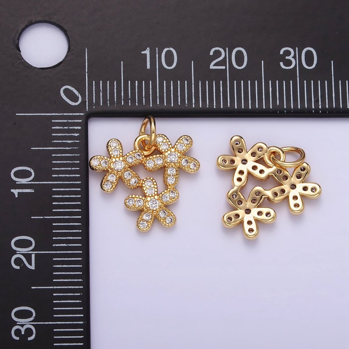 16K Gold Filled Triple Flower Micro Paved CZ Charm | C298