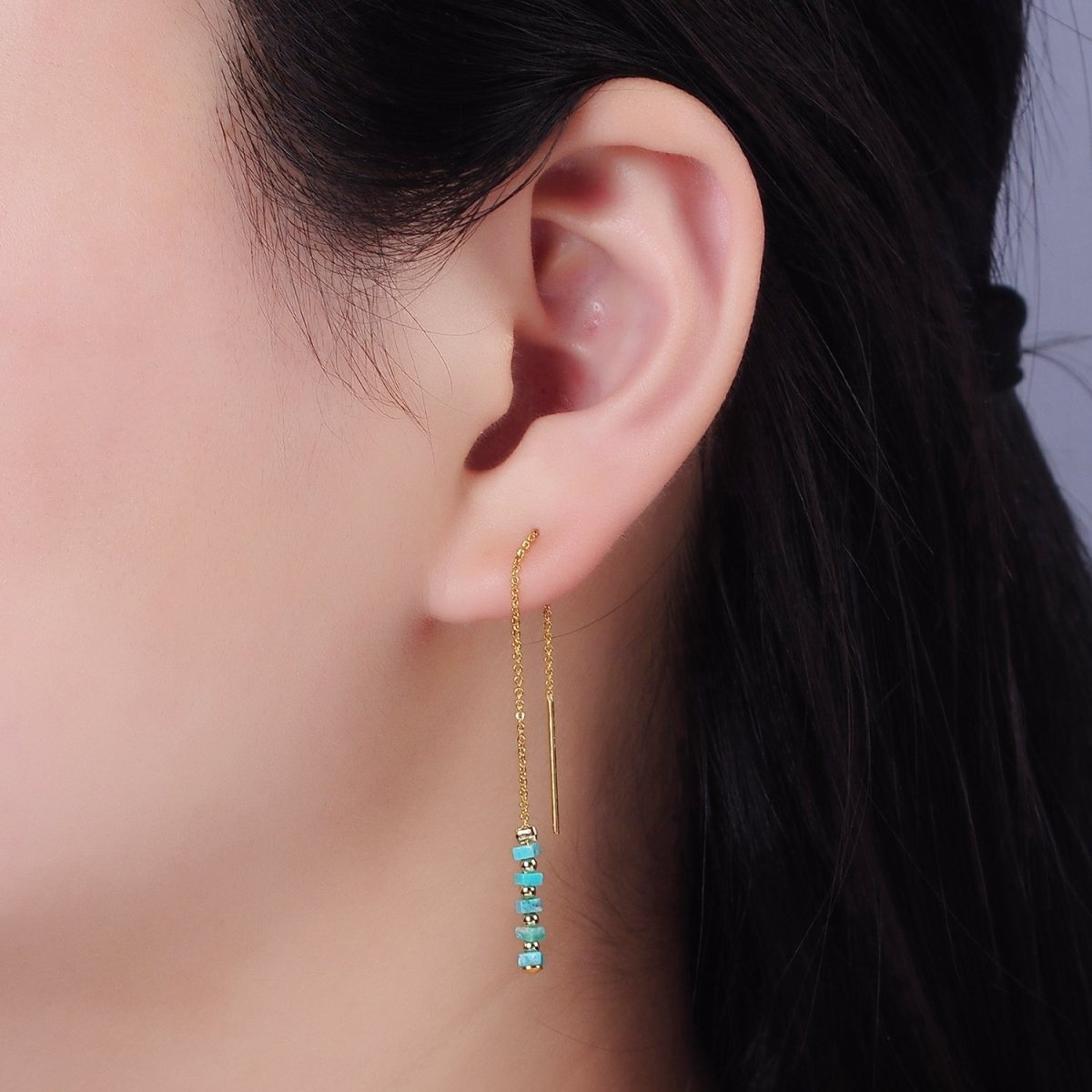 16K Gold Filled  Turquoise Gemstone Cable Chain Threader Earrings | P017