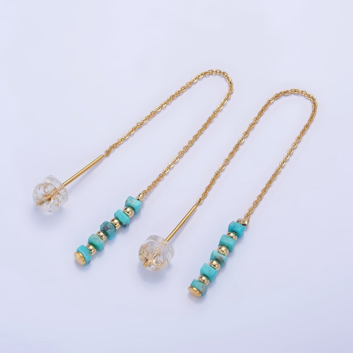 16K Gold Filled  Turquoise Gemstone Cable Chain Threader Earrings | P017