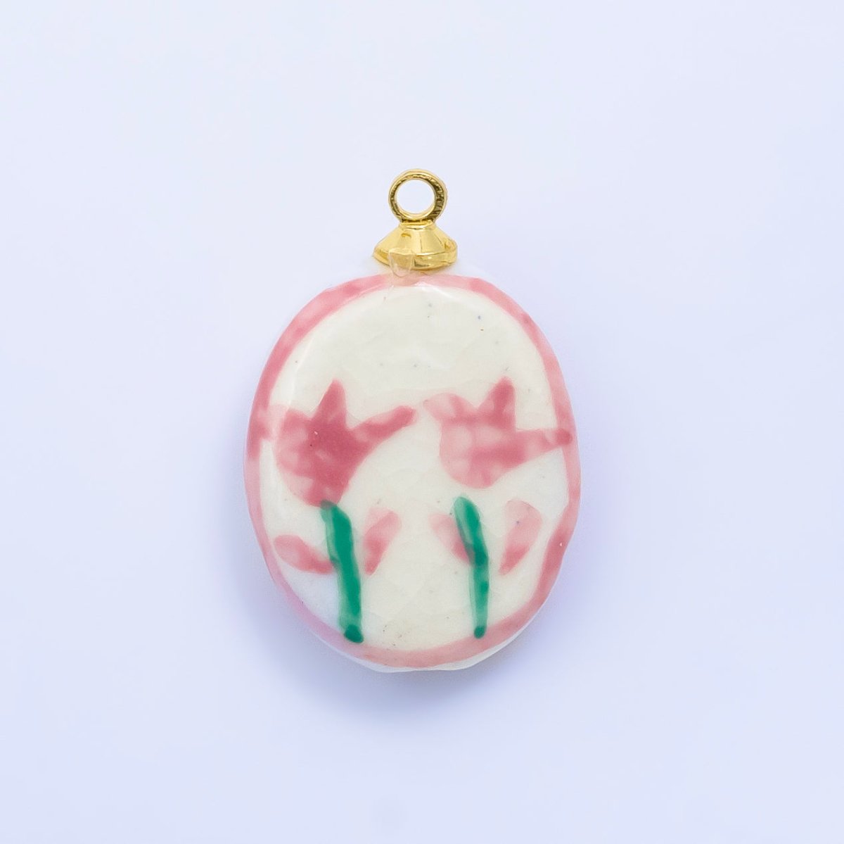 16K Gold Filled Twin Pink Flower Ceramic Drop Charm | W074