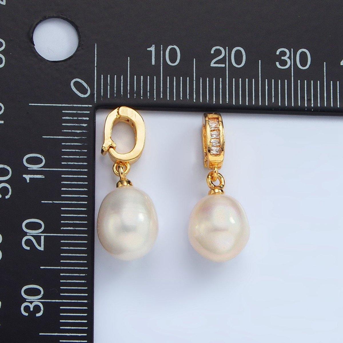16K Gold Filled White Freshwater Pearl Baguette CZ Snap Latch Pendant | P1873