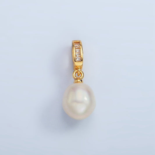 16K Gold Filled White Freshwater Pearl Baguette CZ Snap Latch Pendant | P1873