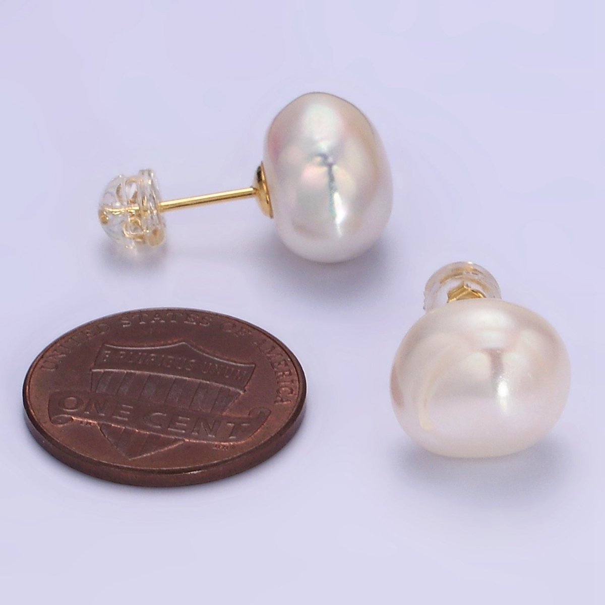 16K Gold Filled White Freshwater Pearl Button Stud Earrings | AB1194