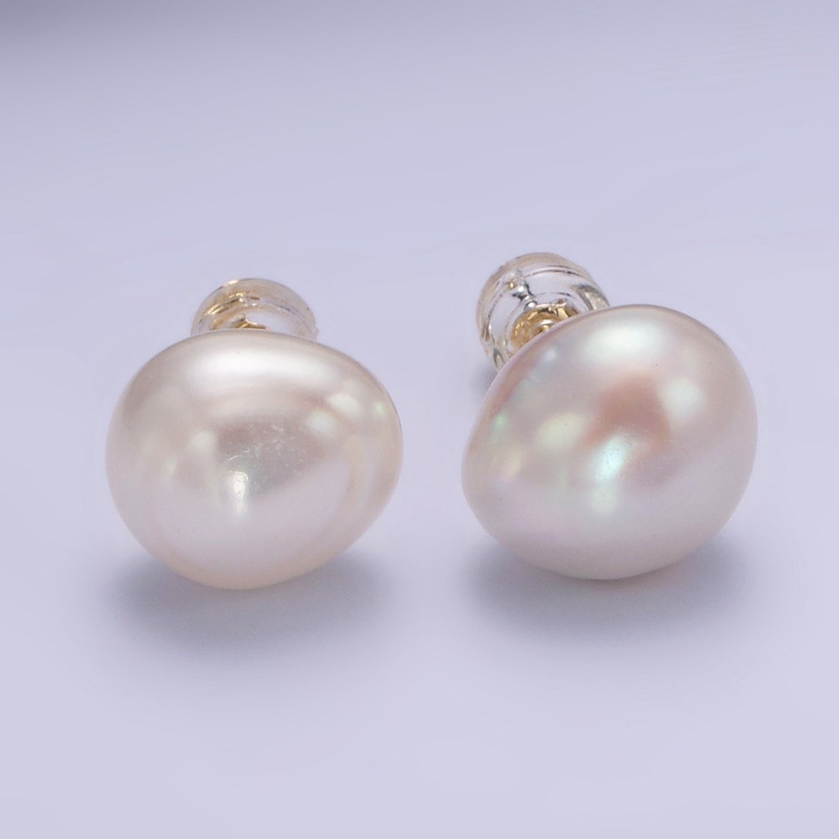 16K Gold Filled White Freshwater Pearl Button Stud Earrings | AB1194