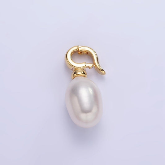 16K Gold Filled White Freshwater Pearl Snap Latch Drop Pendant | P1889