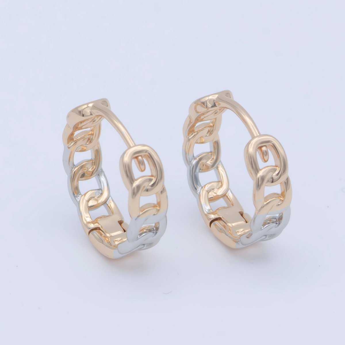 18K Gold Filled 15mm Curb Chain Link Mixed Metal Huggie Earrings | AB1205