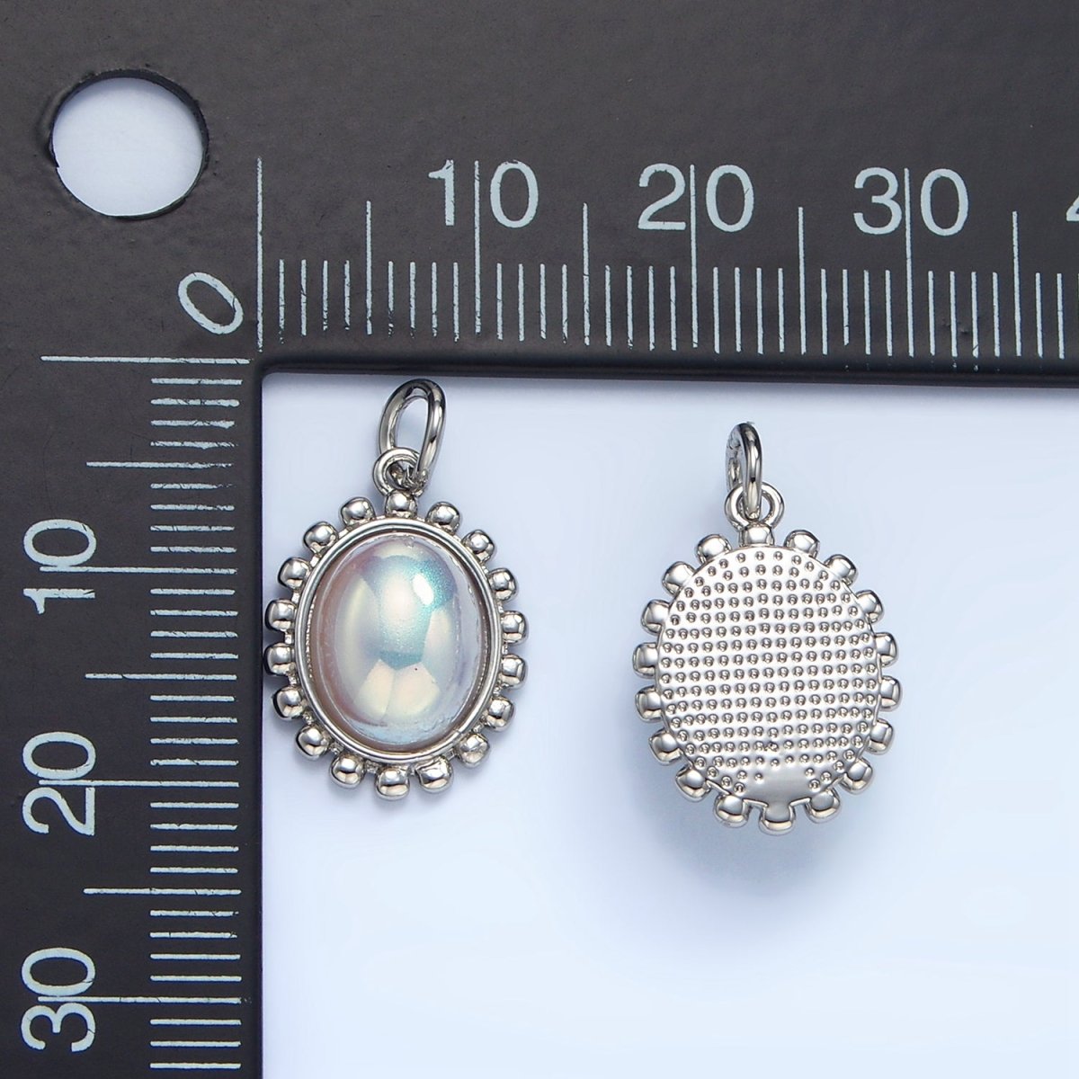 18K Gold Filled Iridescent Pearl Oval Dotted Outline Charm in Gold & Silver | AC1441