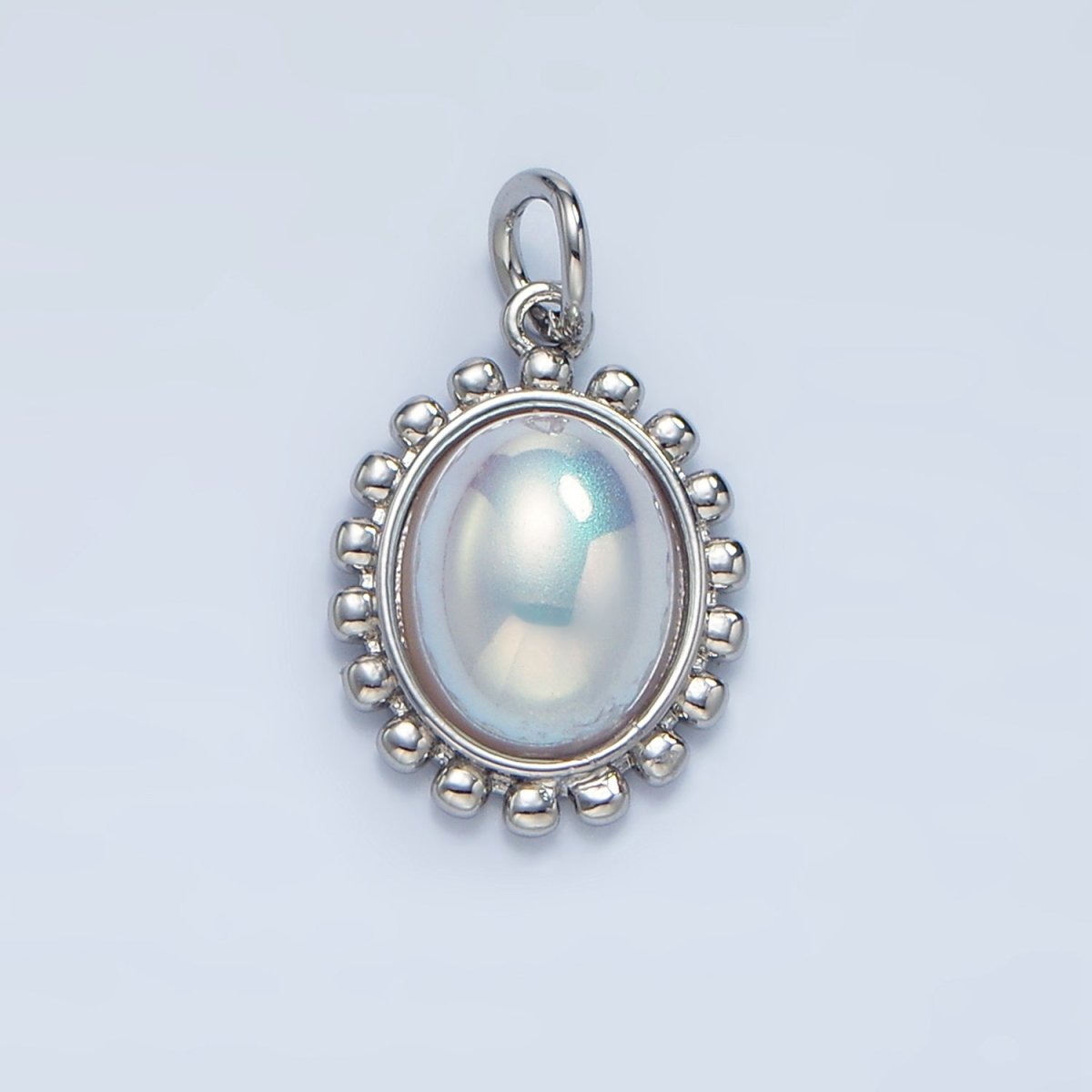 18K Gold Filled Iridescent Pearl Oval Dotted Outline Charm in Gold & Silver | AC1441