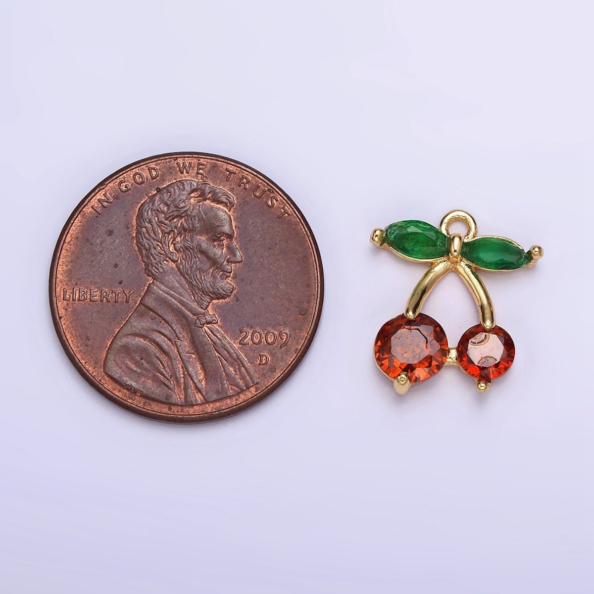18K Gold Filled Red Cherry Marquise Leaf CZ Fruit Add-On Charm | AC1436