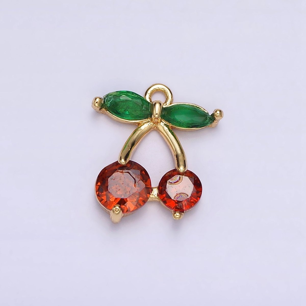 18K Gold Filled Red Cherry Marquise Leaf CZ Fruit Add-On Charm | AC1436