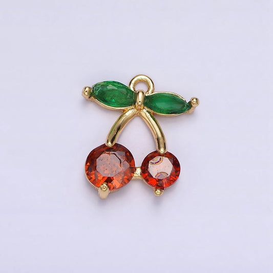 18K Gold Filled Red Cherry Marquise Leaf CZ Fruit Add-On Charm | AC1436