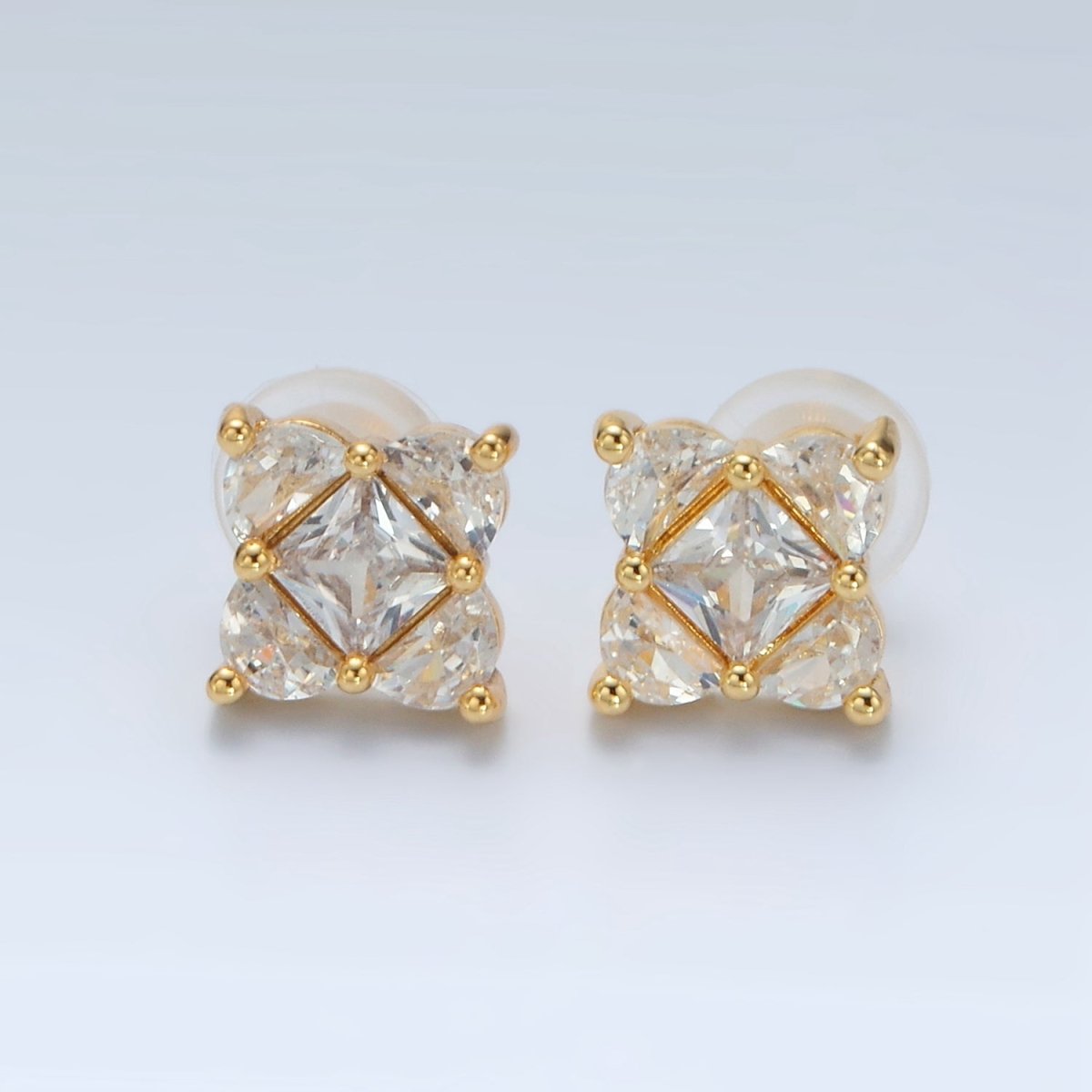 24K Gold Filled 10.5mm Clear CZ Geometric Flower CZ Stud Earrings | AB1225