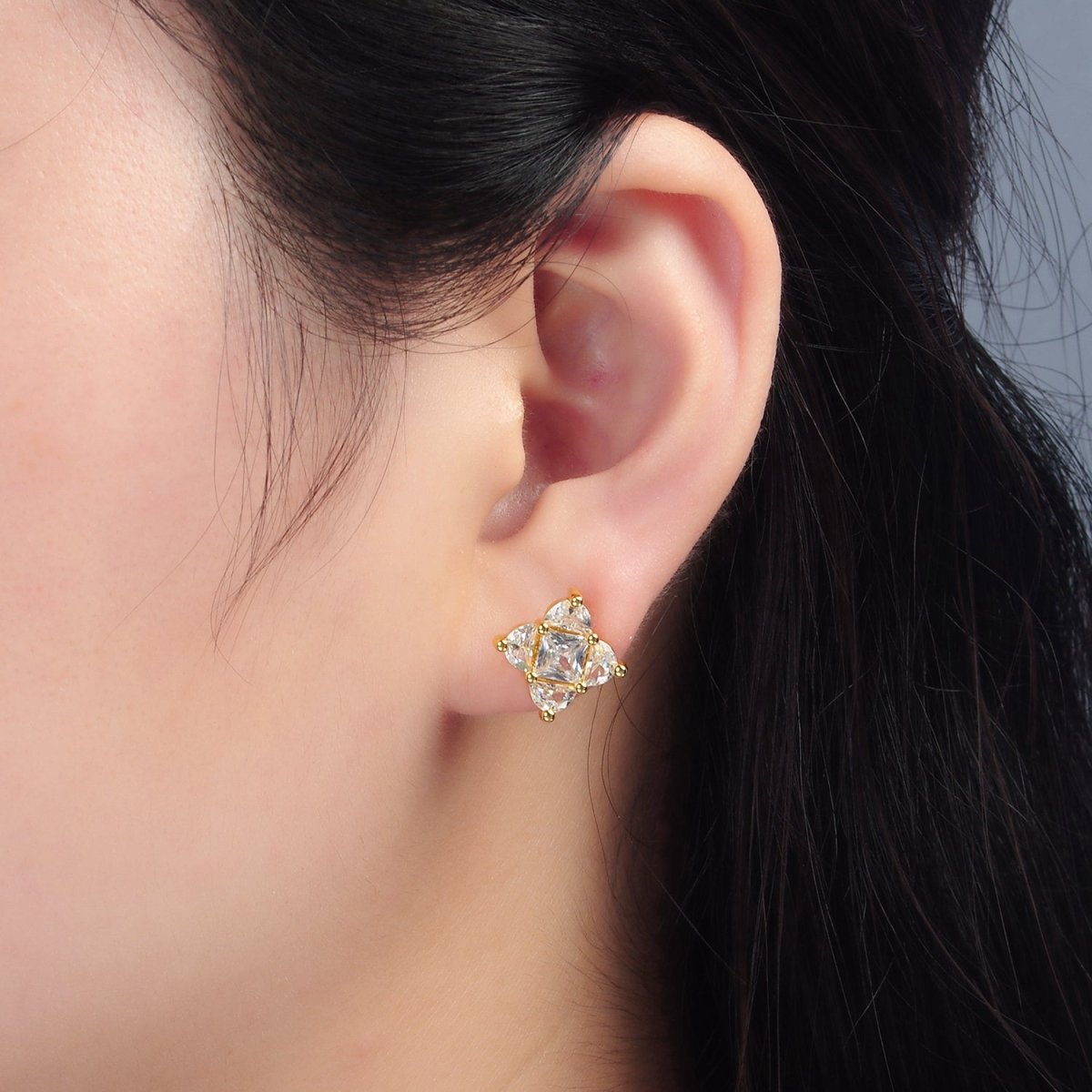 24K Gold Filled 10.5mm Clear CZ Geometric Flower CZ Stud Earrings | AB1225