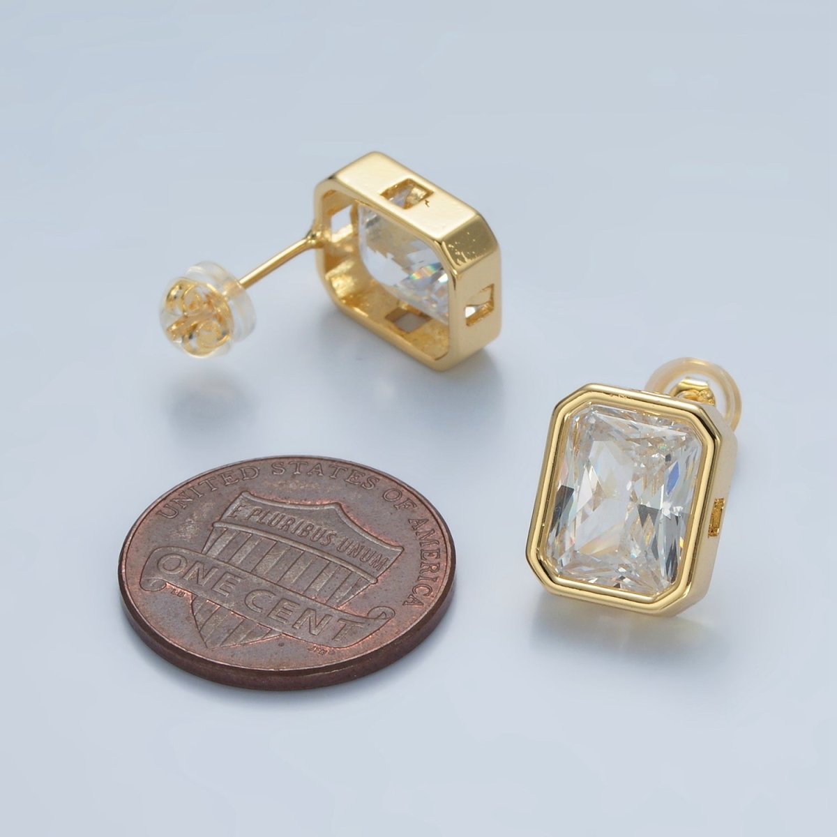 24K Gold Filled 10mm Clear CZ Baguette Bezel Stud Earrings | AD672
