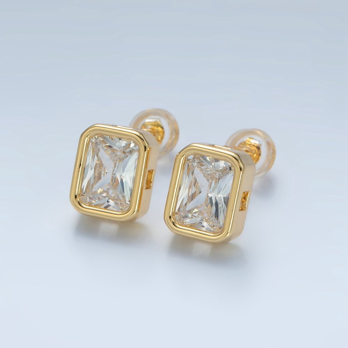 24K Gold Filled 10mm Clear CZ Baguette Bezel Stud Earrings | AD672