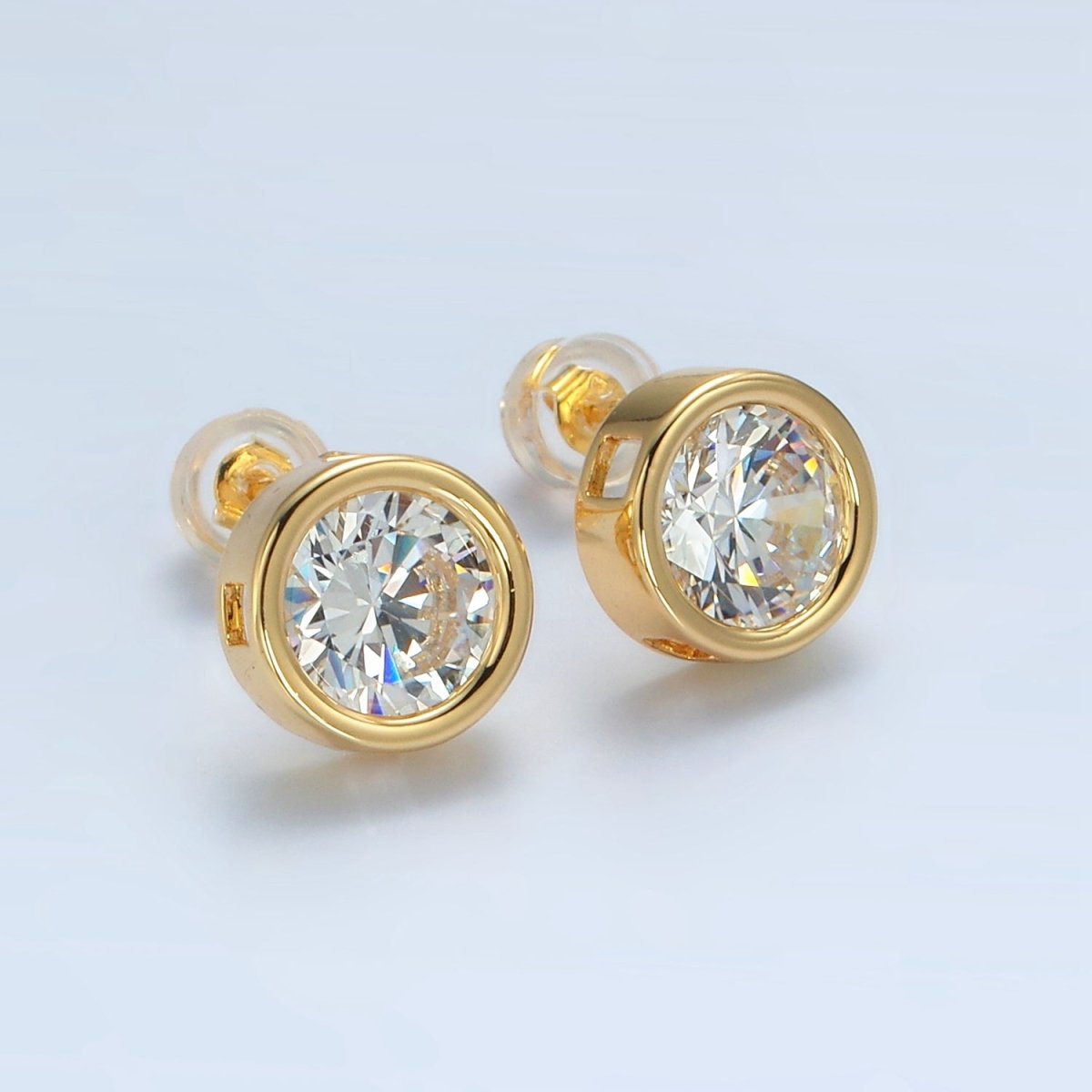 24K Gold Filled 10mm Clear CZ Round Bezel Stud Earrings | P538
