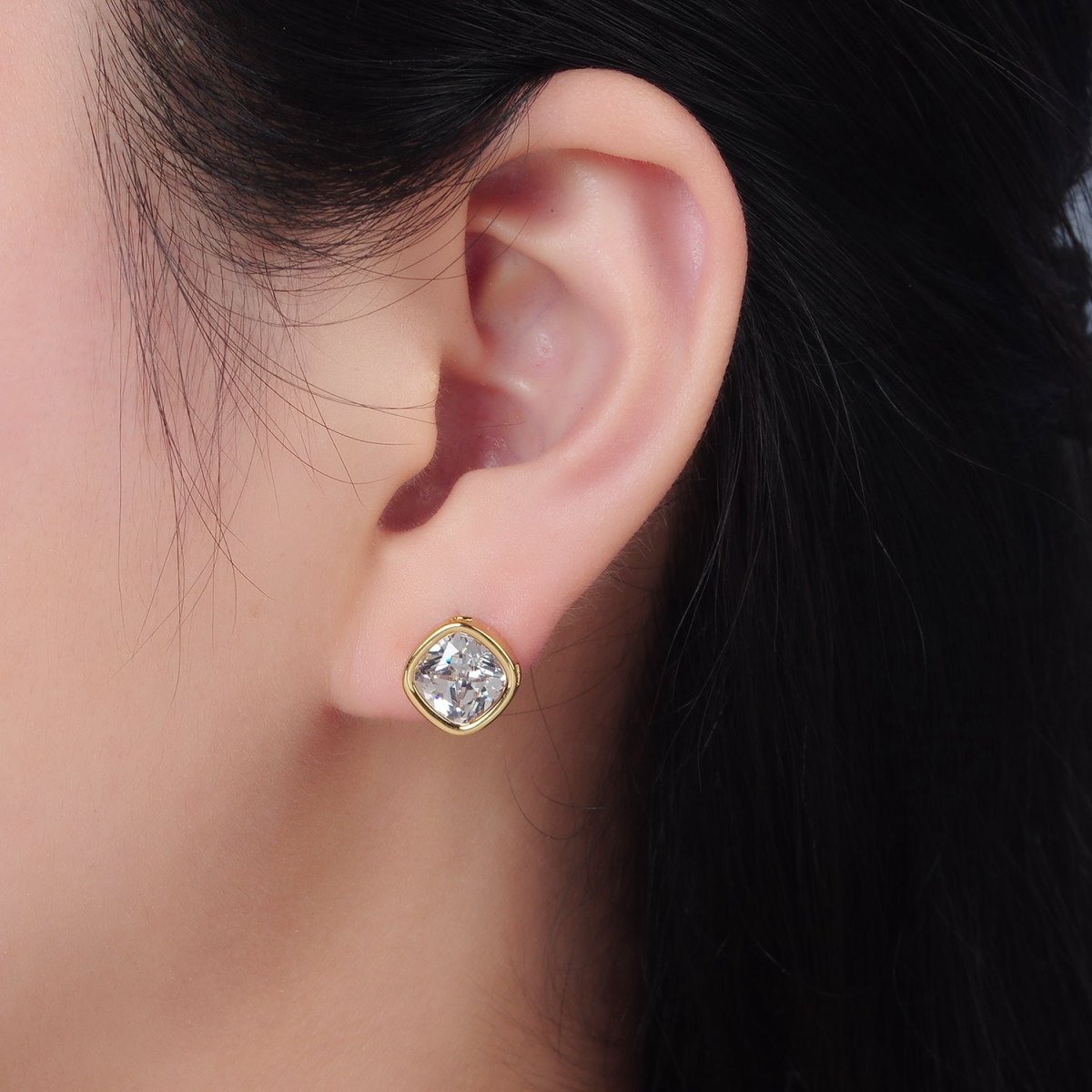 24K Gold Filled 10mm Clear CZ Square Bezel Stud Earrings | AD673