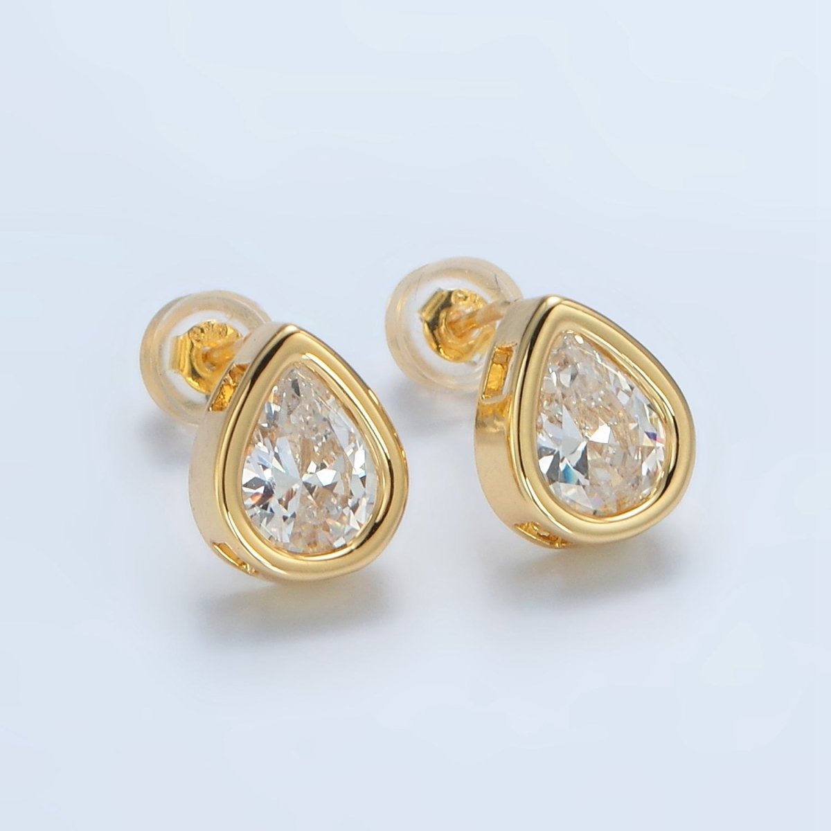24K Gold Filled 10mm Clear CZ Teardrop Bezel Stud Earrings | P540