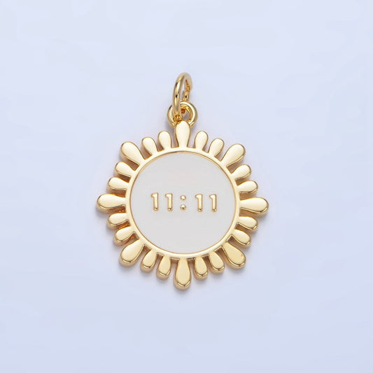 24K Gold Filled "11:11" Angel Number White Enamel Celestial Sun Flower Charm | X837