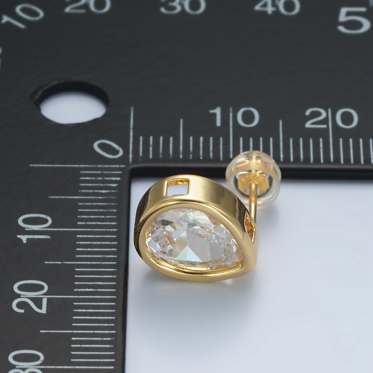 24K Gold Filled 12.5mm Clear CZ Teardrop Bezel Stud Earrings | AD674