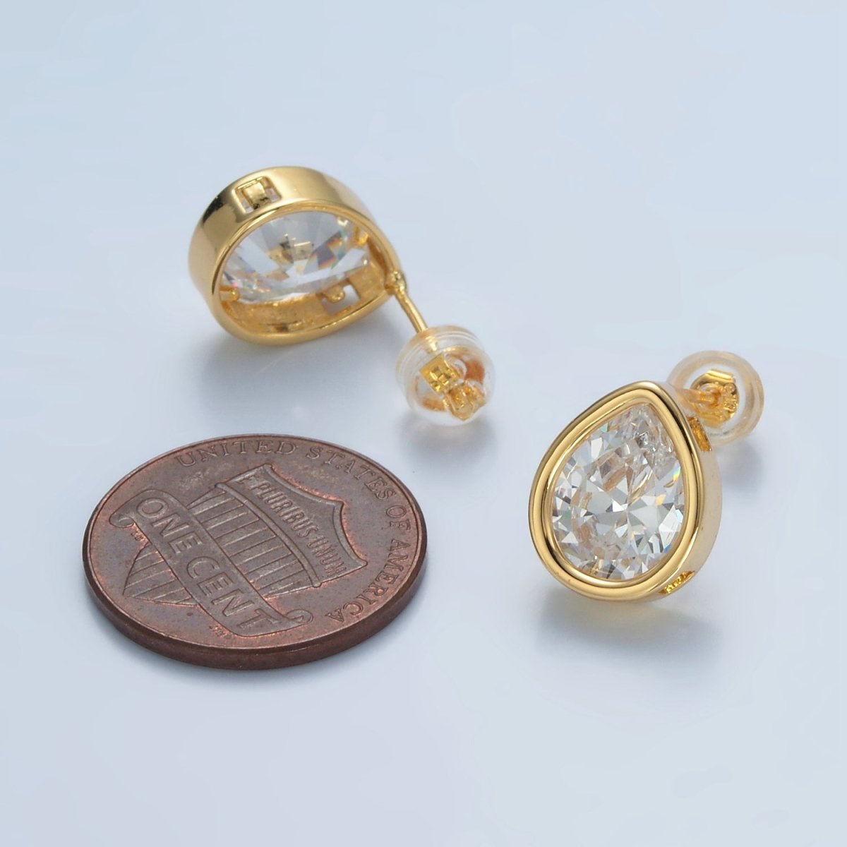 24K Gold Filled 12.5mm Clear CZ Teardrop Bezel Stud Earrings | AD674