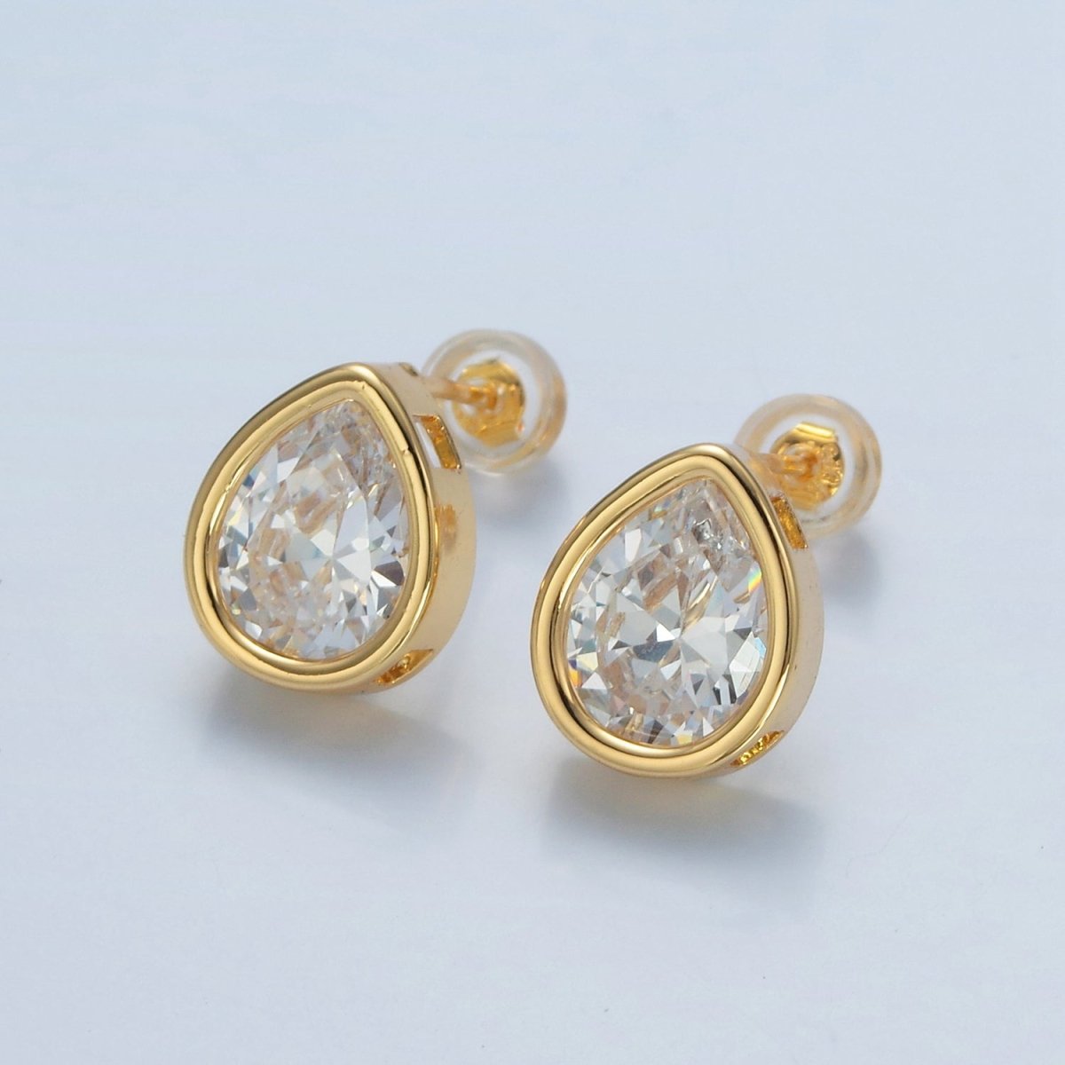 24K Gold Filled 12.5mm Clear CZ Teardrop Bezel Stud Earrings | AD674