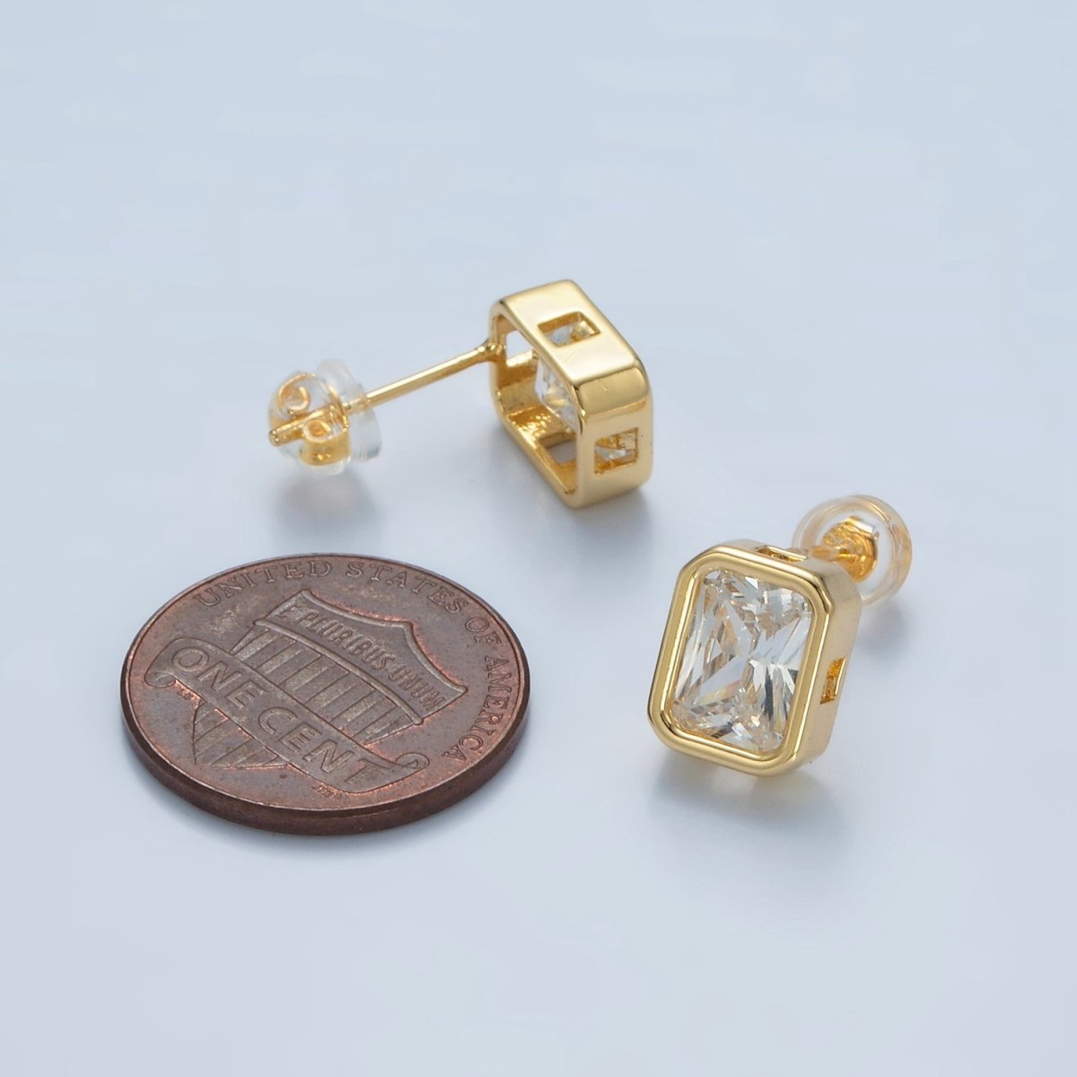 24K Gold Filled 12mm Clear CZ Baguette Edged Bezel Stud Earrings | AD671