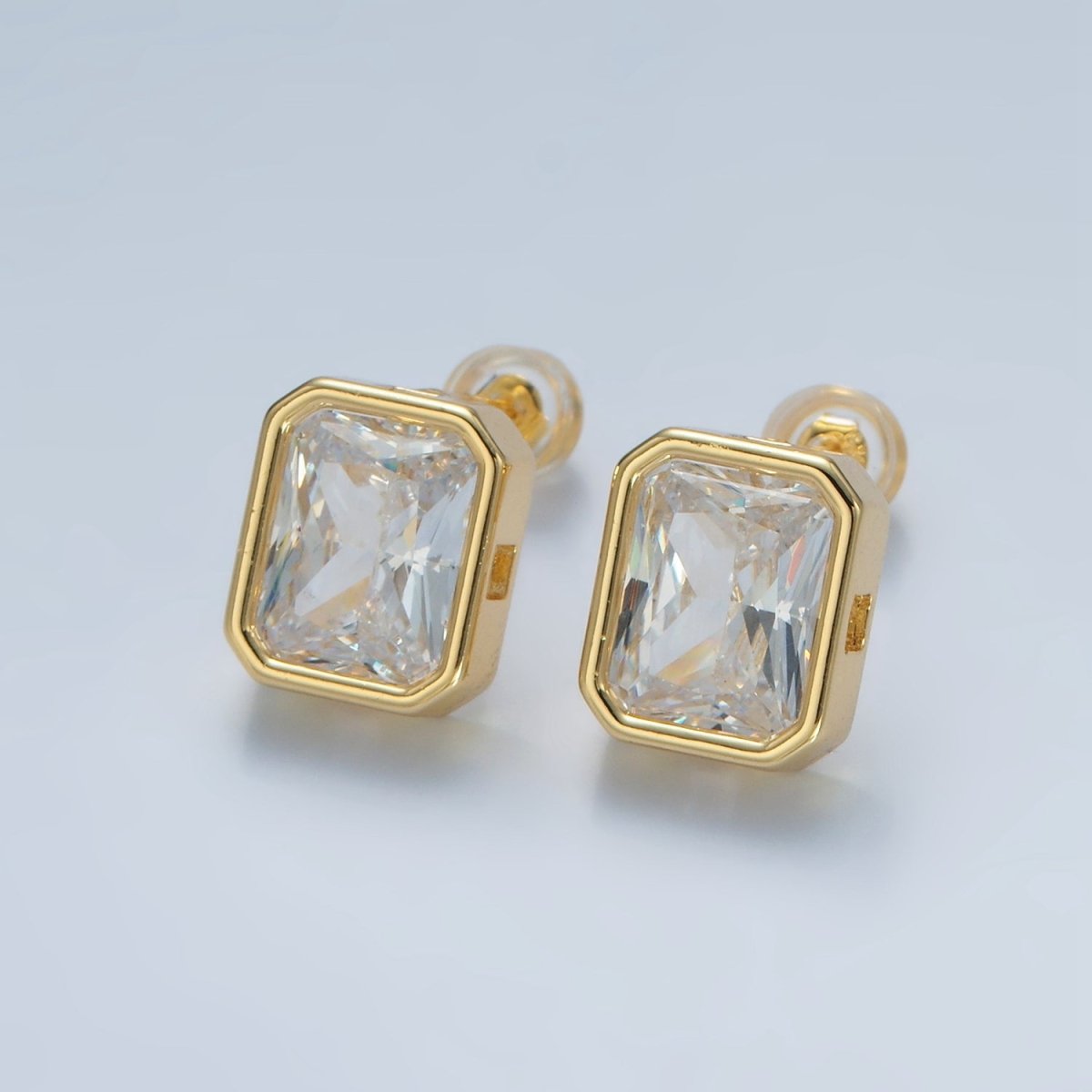 24K Gold Filled 12mm Clear CZ Baguette Edged Bezel Stud Earrings | AD671