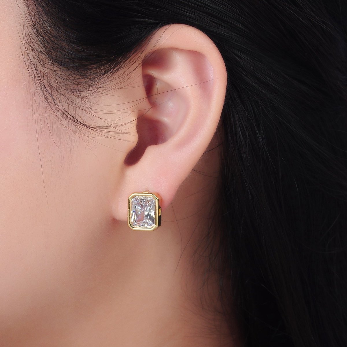 24K Gold Filled 12mm Clear CZ Baguette Edged Bezel Stud Earrings | AD671