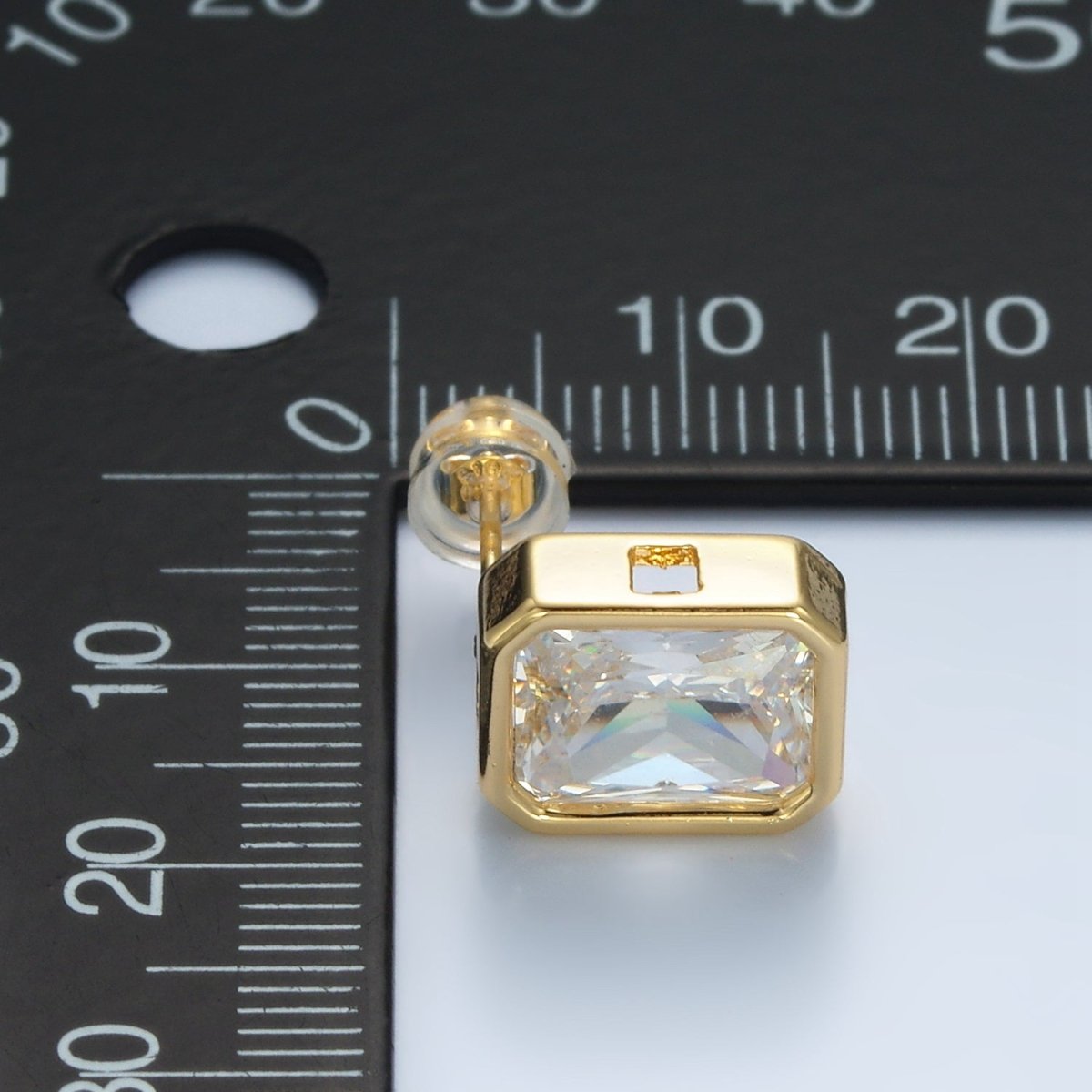 24K Gold Filled 12mm Clear CZ Baguette Edged Bezel Stud Earrings | AD671