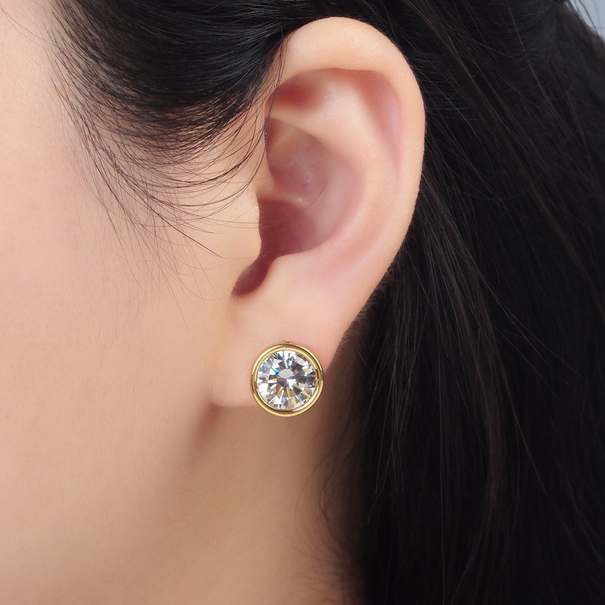 24K Gold Filled 12mm Clear CZ Round Bezel Stud Earrings | P532