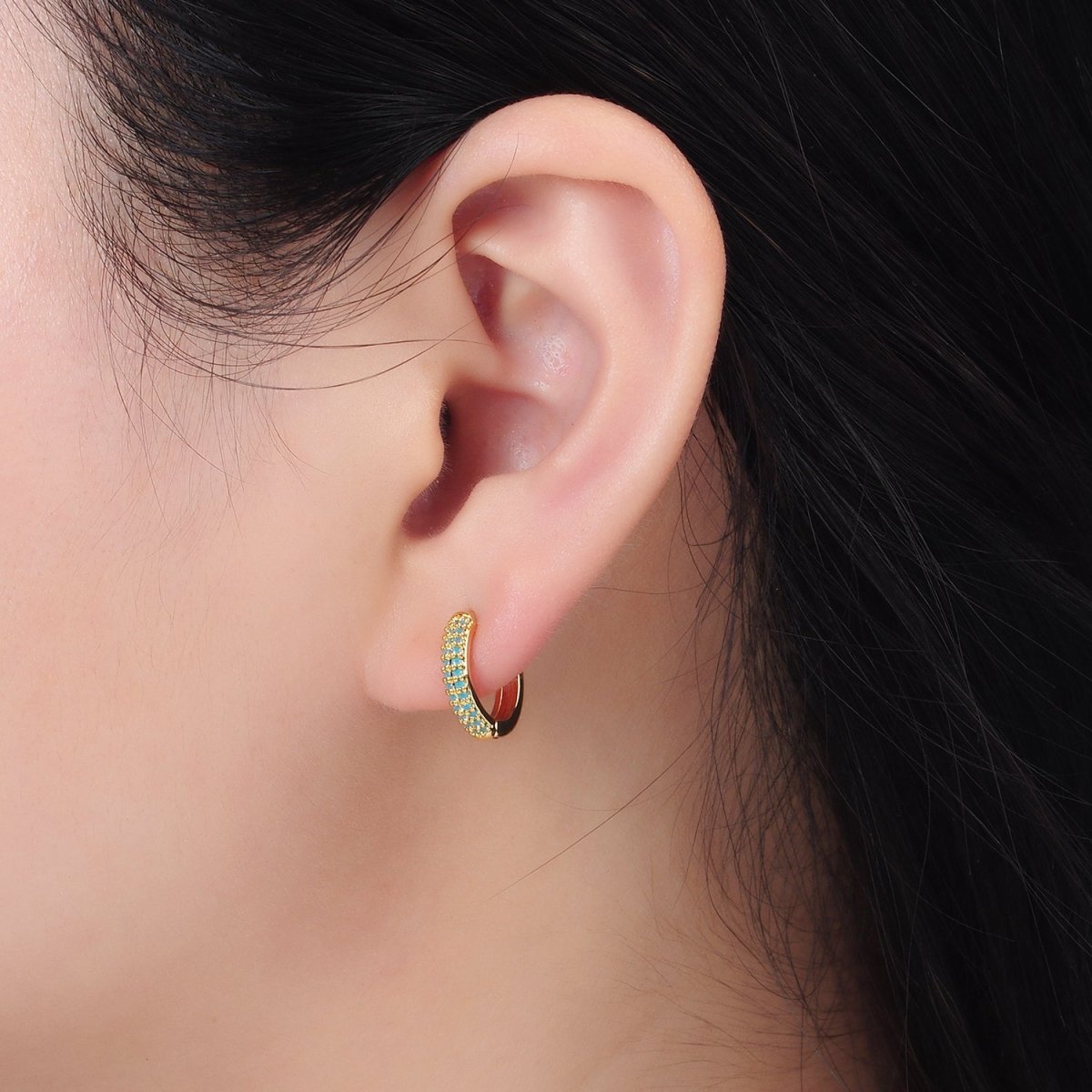 24K Gold Filled 13mm Turquoise Micro Paved Cartilage Huggie Earrings | AD731