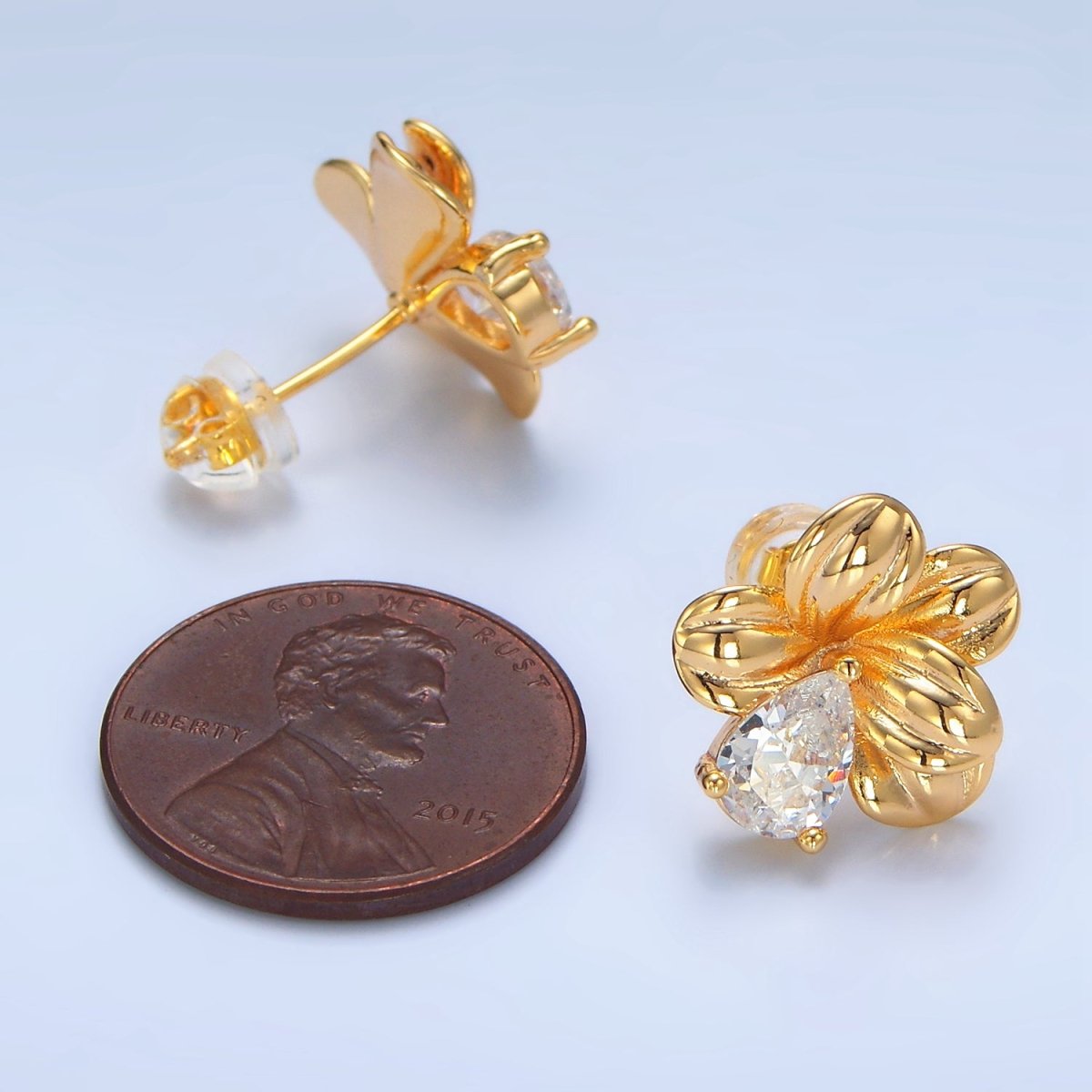 24K Gold Filled 14mm Clear CZ Teardrop Petal Flower Stud Earrings | P112