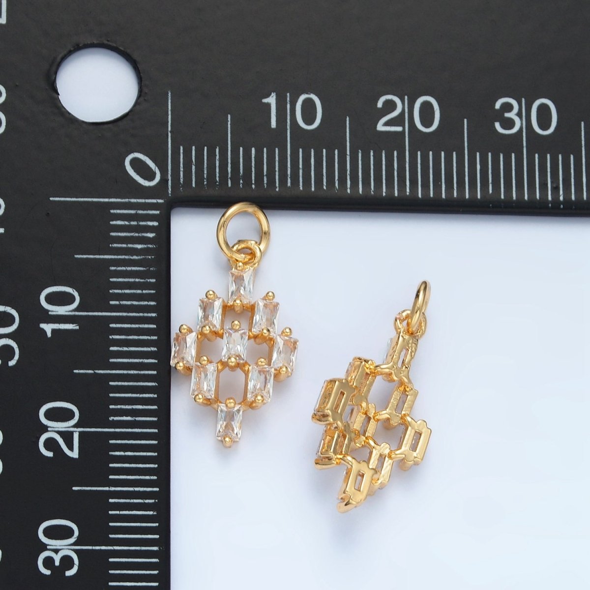 24K Gold Filled 15mm Clear CZ Baguette Geometric Checkered Open Charm | X290