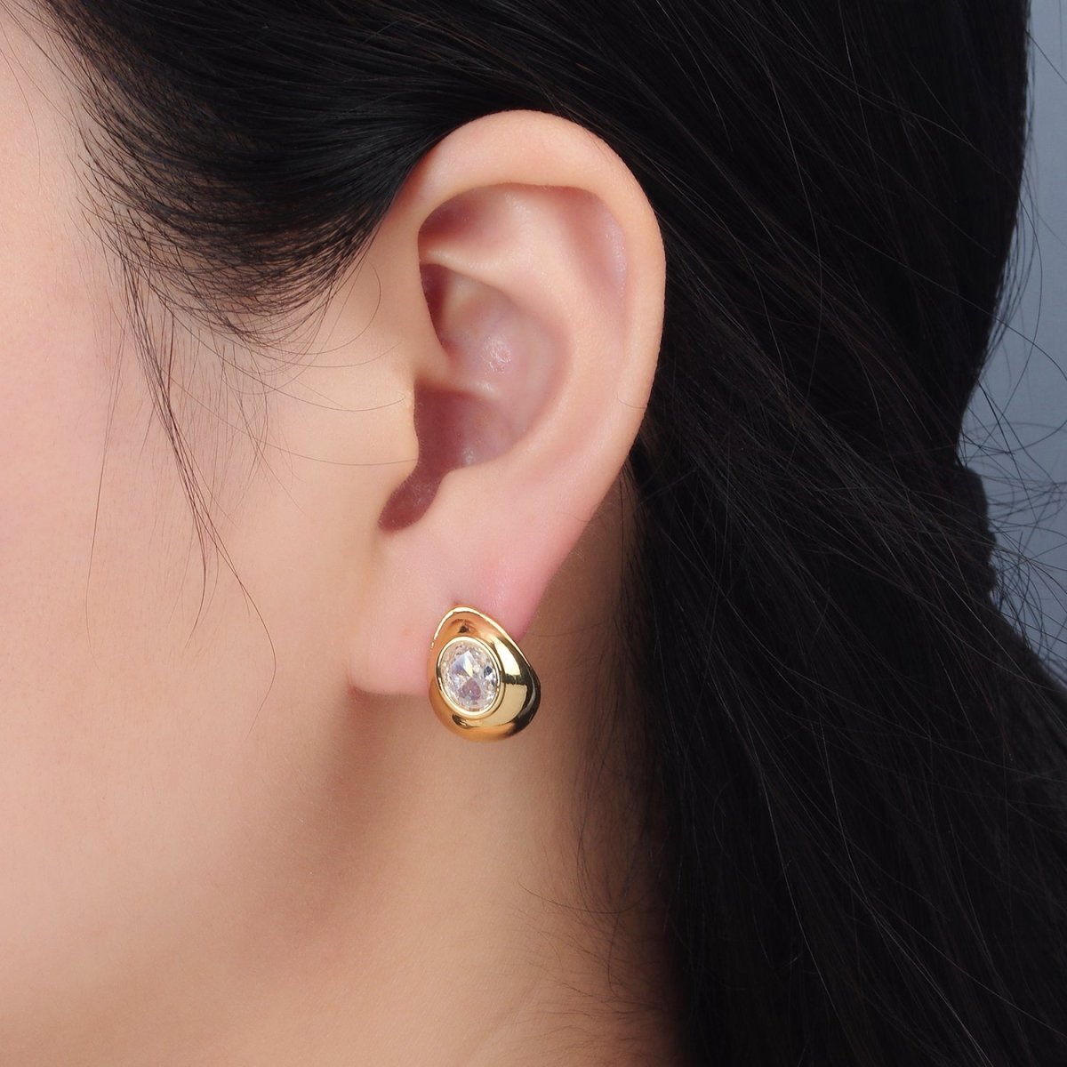 24K Gold Filled 15mm CZ Dome J-Shaped Hoop Earrings | AD629