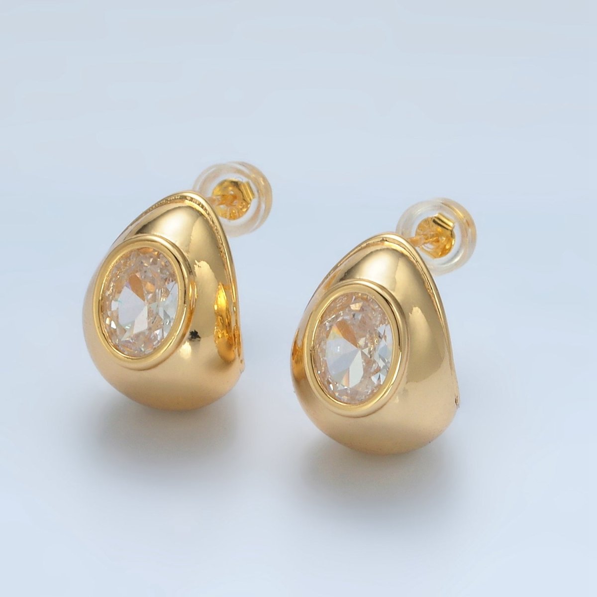 24K Gold Filled 15mm CZ Dome J-Shaped Hoop Earrings | AD629